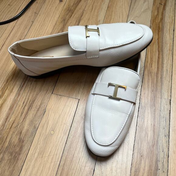 Tod's Shoes - Tod's T Women's 38 1/2 US 8.5 Timeless Leather Loafters White With Gold Hardwear